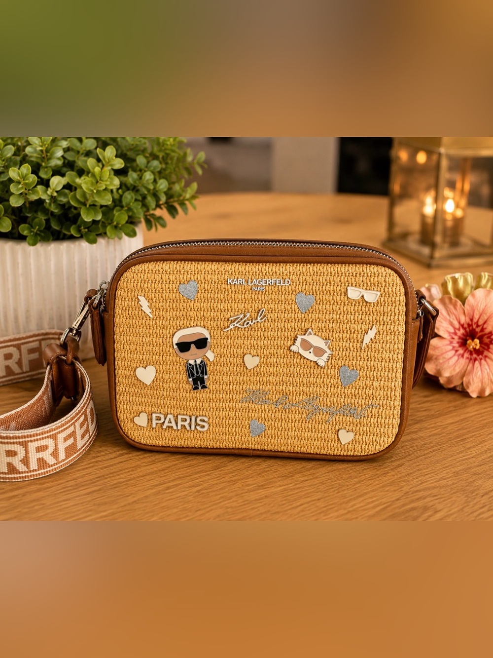 Karl Lagerfeld Tan Raffia Crossbody Bag with Logo Strap and Charms